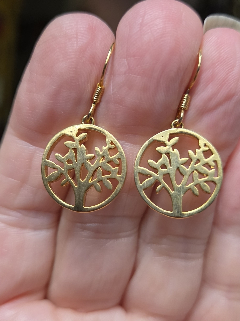 Tree of Life 24k Gold Drop Earrings 1/2" - Picture 5 of 7